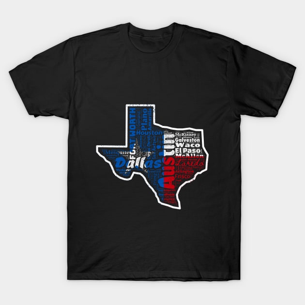 Texas State Map Flag With Cities T-Shirt by Cibernetico